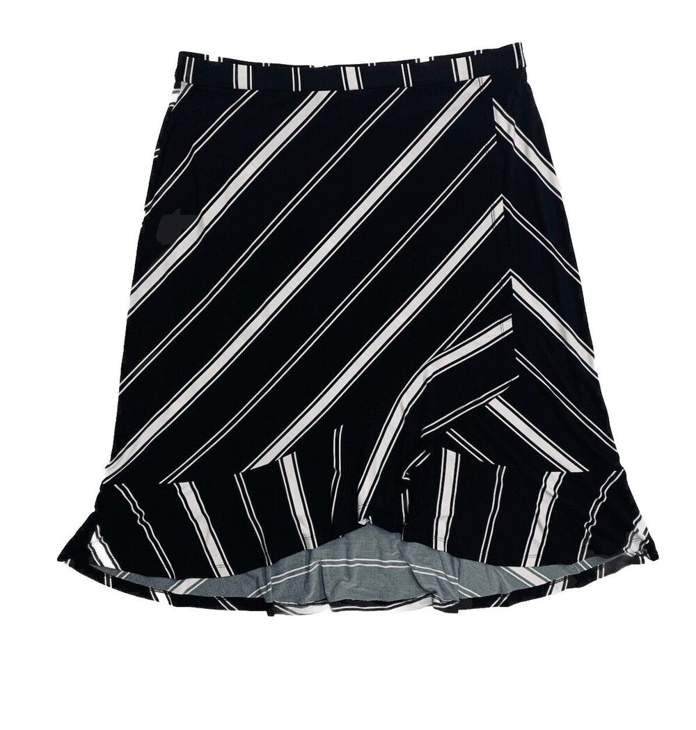 Susan Graver Travel Knit Ruffled Midi Skirt Size XLP Black White Mitered Striped